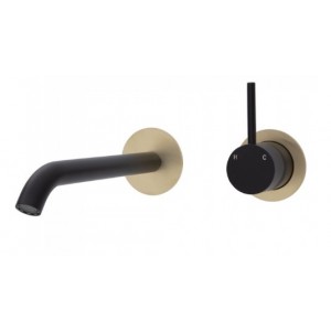 Kaya Up Wall Basin/Bath Mixer Set, Matte Black, Urban Brass Round Plates, 200mm Outlet